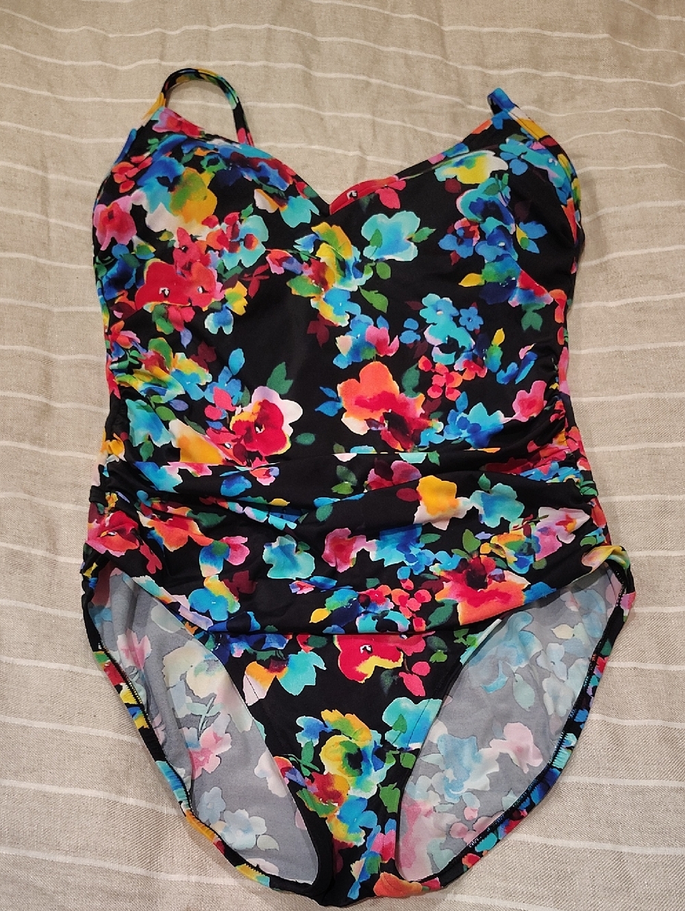 Aqua Green Womens Black Floral One-Piece Swimsuit with Multicolor Flowers